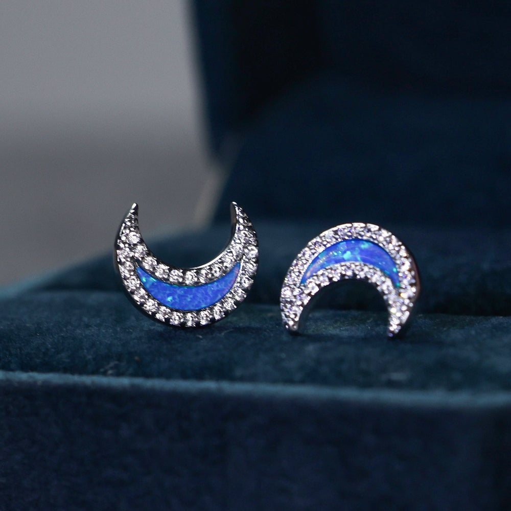 Olivenorma Blue Opal Zircon Moon Shape Earrings - Blue Opal - Silver - image 1