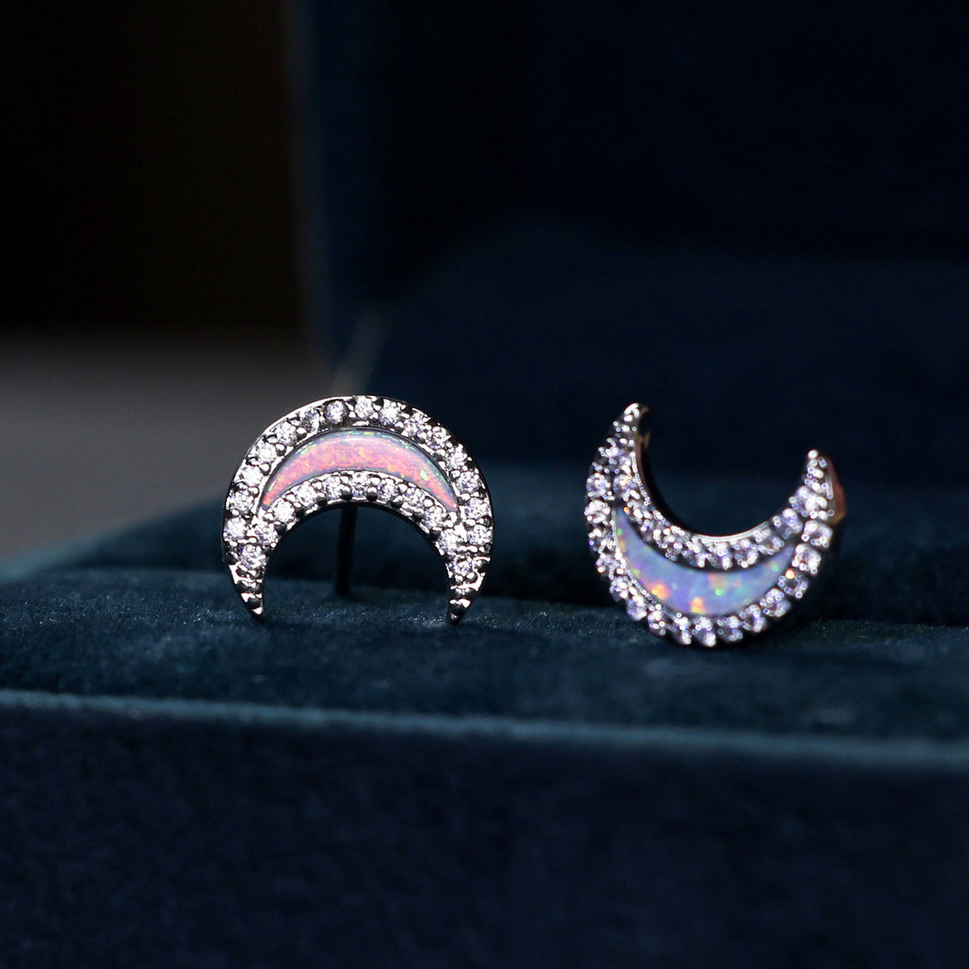 Olivenorma Blue Opal Zircon Moon Shape Earrings - White Opal - Silver - image 7