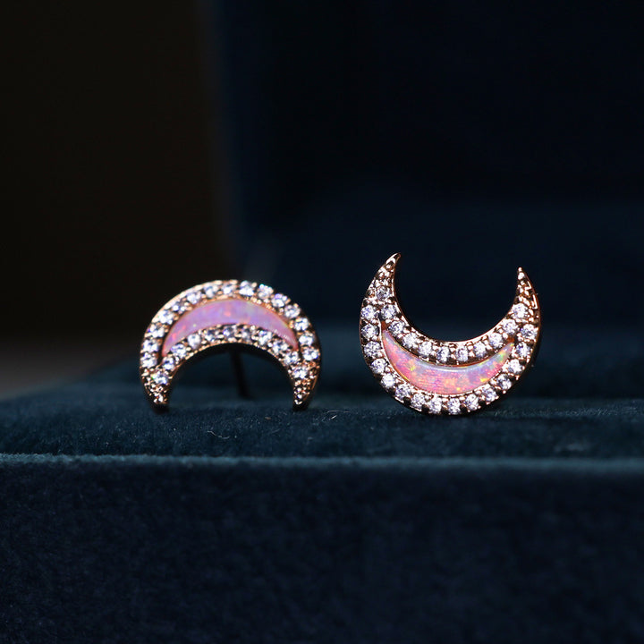 Olivenorma Blue Opal Zircon Moon Shape Earrings - White Opal - Rose Gold - image 11