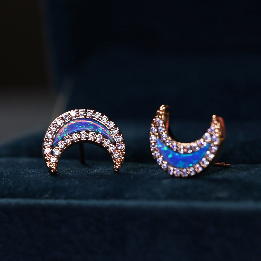 Olivenorma Blue Opal Zircon Moon Shape Earrings - Blue Opal - Rose Gold - image 3