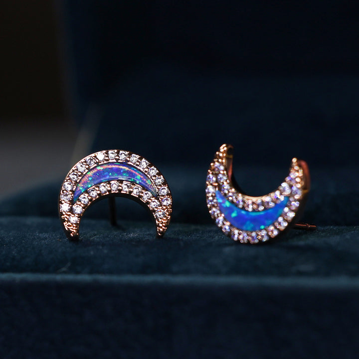 Olivenorma Blue Opal Zircon Moon Shape Earrings - Blue Opal - Rose Gold - image 3