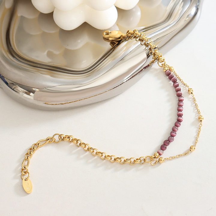 Olivenorma Purple Cat's Eye Stone Titanium Steel Double Layer Bracelet - Purple Cat's Eye Stone - image 0