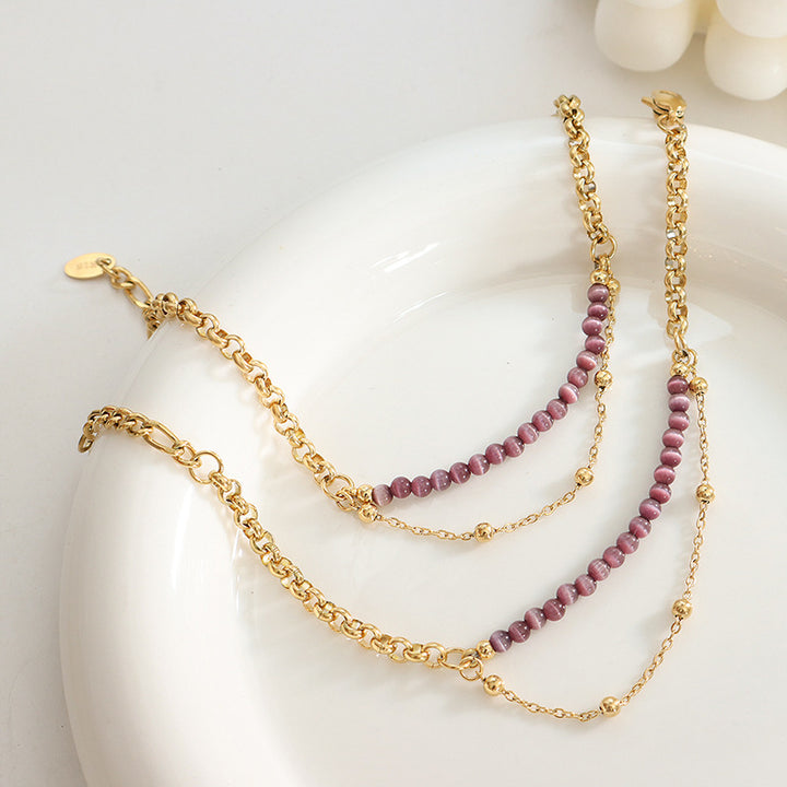 Olivenorma Purple Cat's Eye Stone Titanium Steel Double Layer Bracelet - image 4