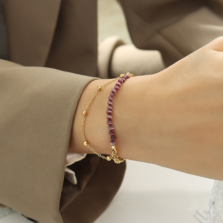 Olivenorma Purple Cat's Eye Stone Titanium Steel Double Layer Bracelet - image 1