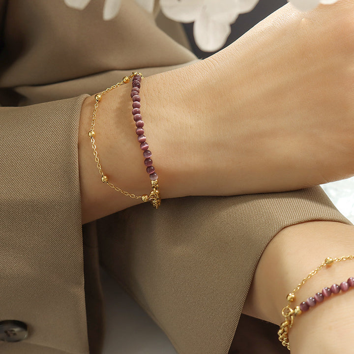 Olivenorma Purple Cat's Eye Stone Titanium Steel Double Layer Bracelet - image 2