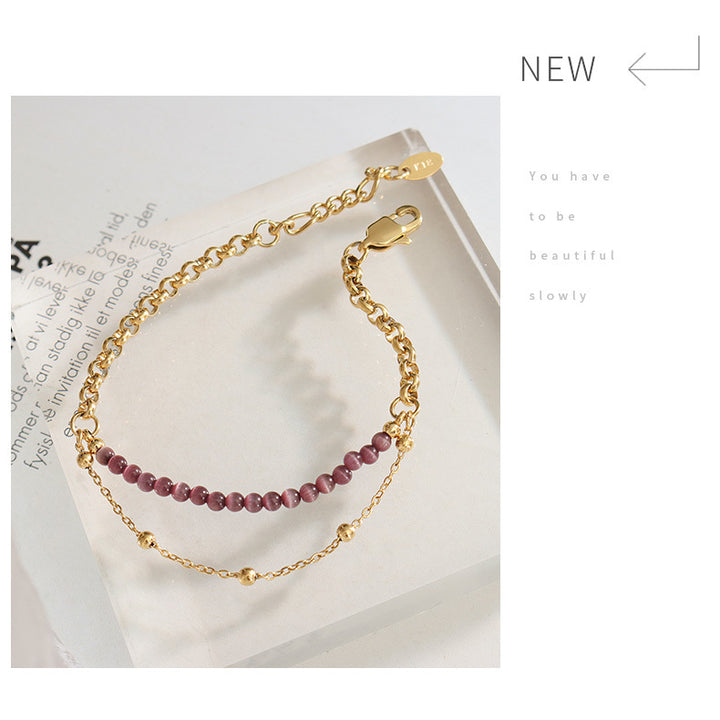 Olivenorma Purple Cat's Eye Stone Titanium Steel Double Layer Bracelet - image 7
