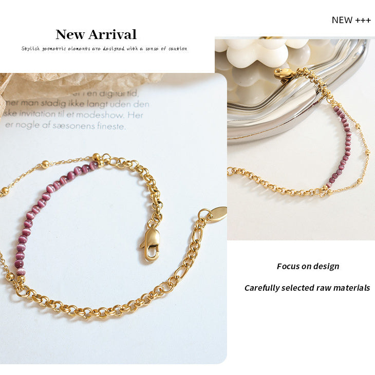 Olivenorma Purple Cat's Eye Stone Titanium Steel Double Layer Bracelet - image 8