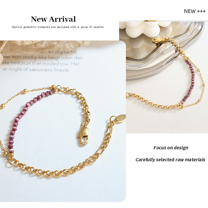 Olivenorma Purple Cat's Eye Stone Titanium Steel Double Layer Bracelet - image 8