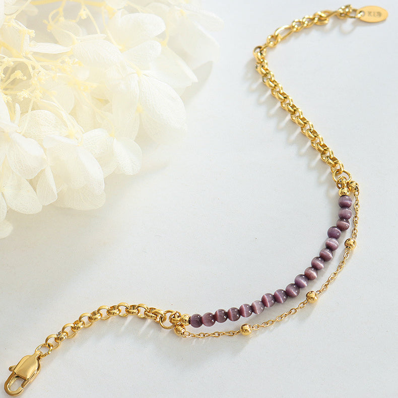 Olivenorma Purple Cat's Eye Stone Titanium Steel Double Layer Bracelet - image 5