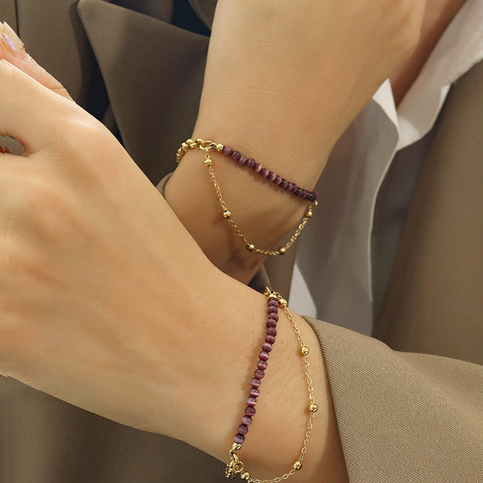 Olivenorma Purple Cat's Eye Stone Titanium Steel Double Layer Bracelet - image 3