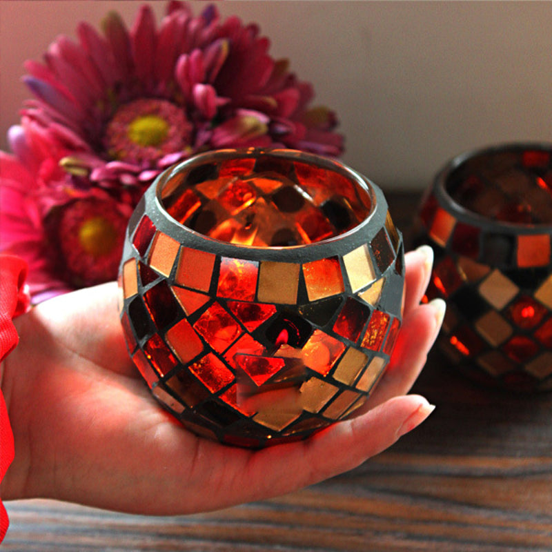 Olivenorma European Retro Glass Mosaic Candle Holder - Red Grid - image 27