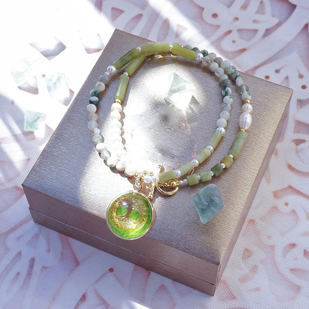 Olivenorma Peridot Pearl Tree Of Life Necklace Bracelet Jewelry Set - Peridot&Pearl&Moss Agate Necklace: 45cm - image 1