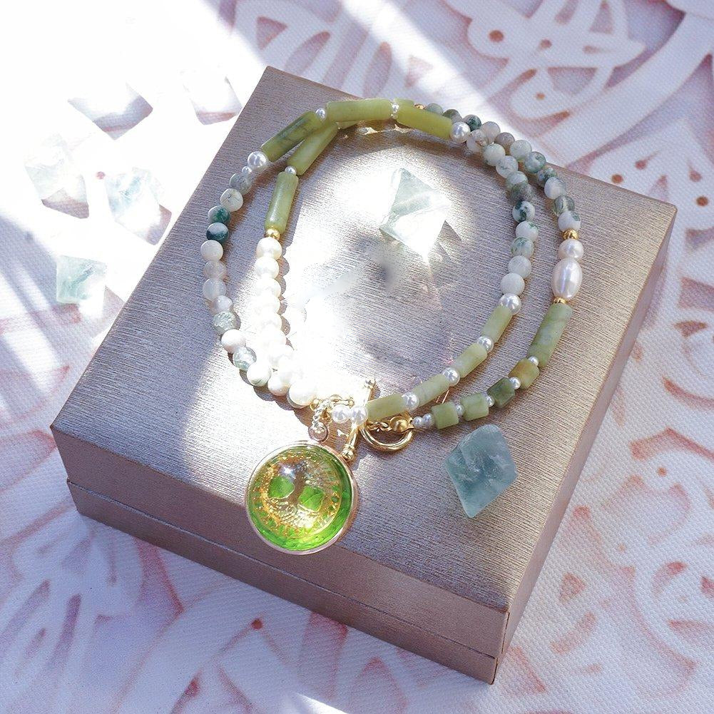 Olivenorma Peridot Pearl Tree Of Life Necklace Bracelet Jewelry Set - Peridot&Pearl&Moss Agate Necklace: 45cm - image 1