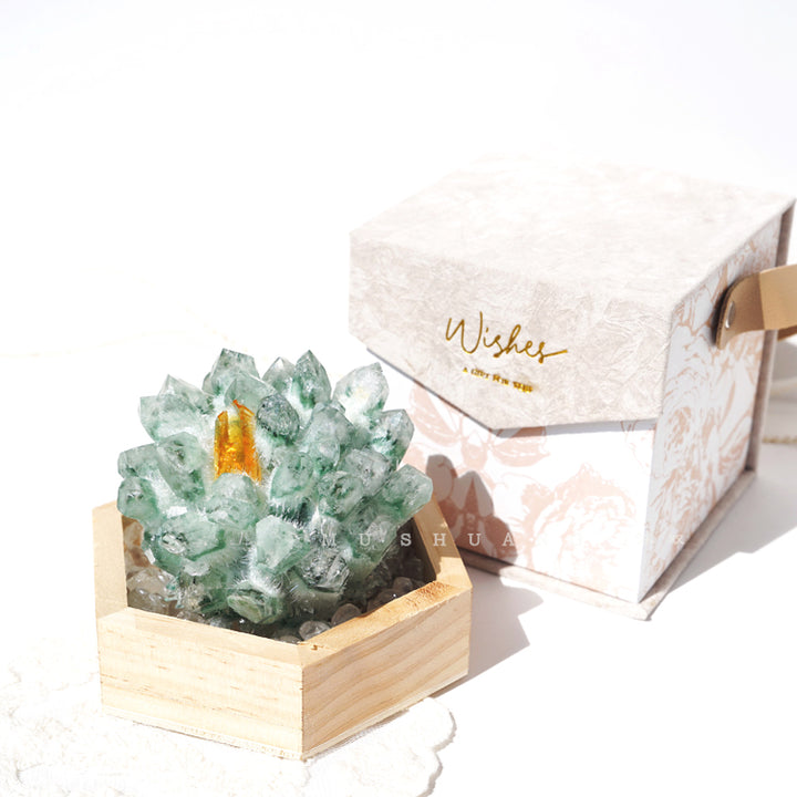 Olivenorma Green Phantom Quartz Solid Wood Base Crystal Cluster Decoration - Green Phantom Quartz&Pine Wood Base - image 1