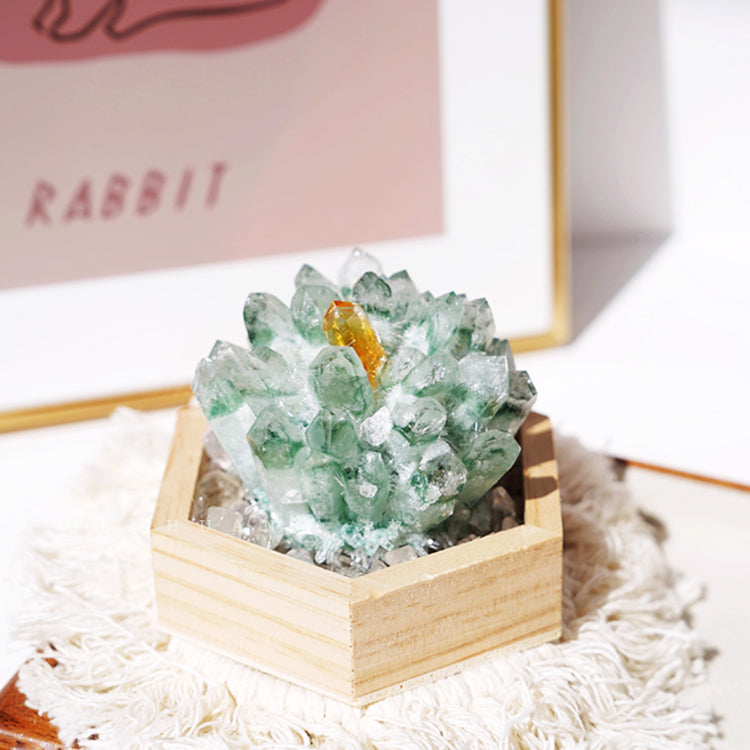 Olivenorma Green Phantom Quartz Solid Wood Base Crystal Cluster Decoration - image 0