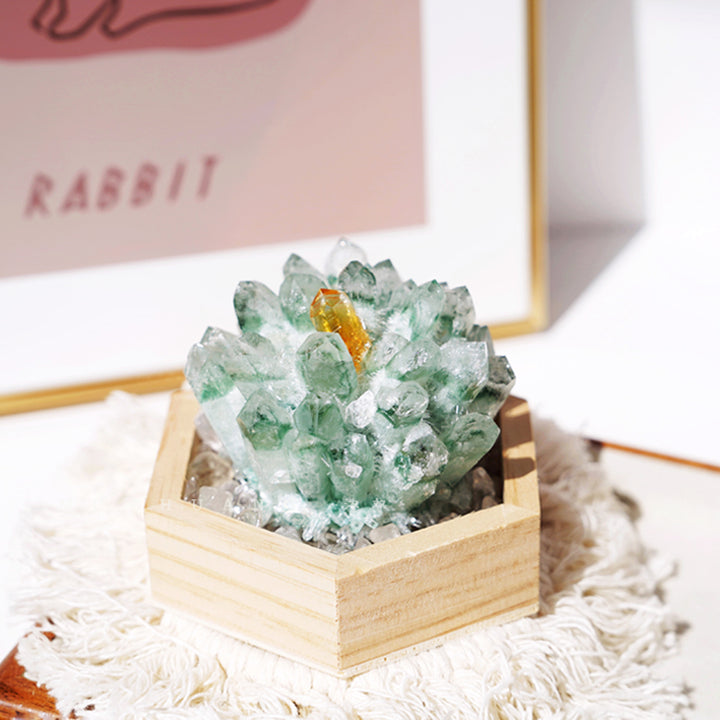Olivenorma Green Phantom Quartz Solid Wood Base Crystal Cluster Decoration - image 0