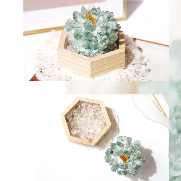 Olivenorma Green Phantom Quartz Solid Wood Base Crystal Cluster Decoration - image 6