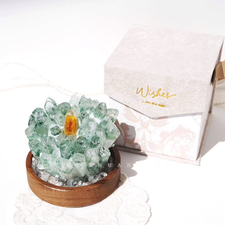 Olivenorma Green Phantom Quartz Solid Wood Base Crystal Cluster Decoration - Green Phantom Quartz&Walnut Base - image 2