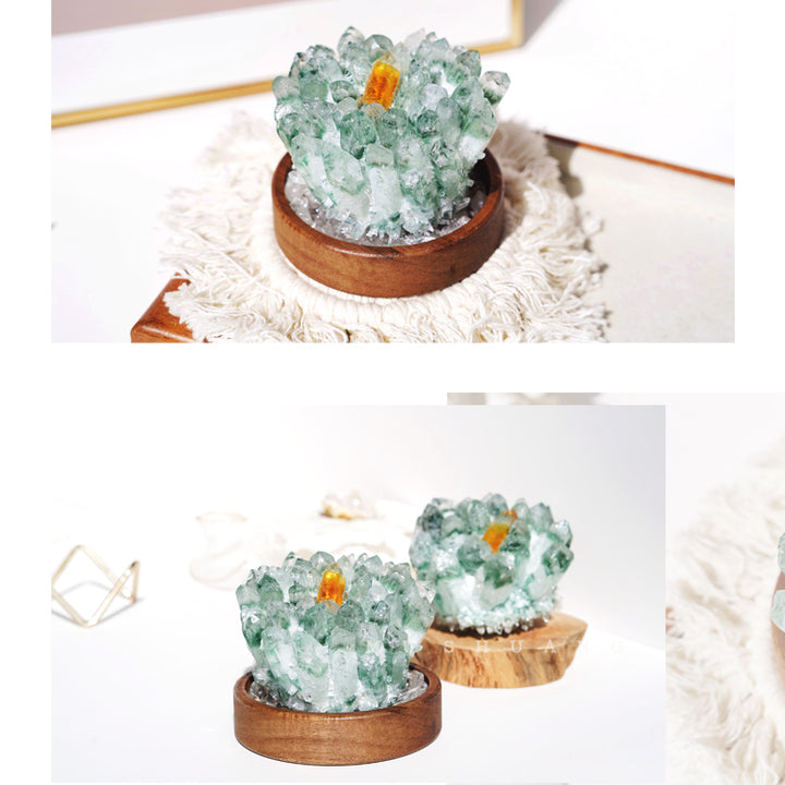 Olivenorma Green Phantom Quartz Solid Wood Base Crystal Cluster Decoration - image 7