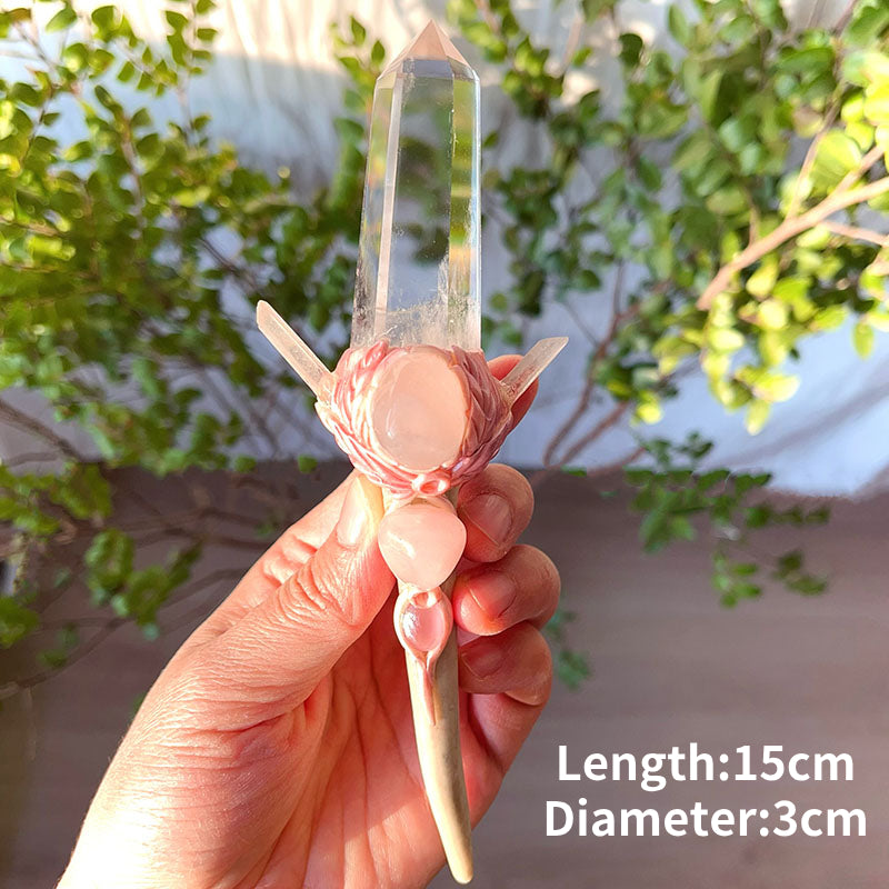 Olivenorma Natural Rose Quartz Magic Wand Ornaments Crystal Wands - Clear Quartz Pillar & Antlers - image 2