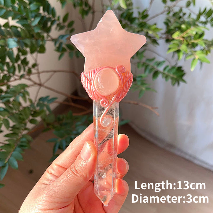Olivenorma Natural Rose Quartz Magic Wand Ornaments Crystal Wands - Rose Quartz Star & Clear Quartz Pillar - image 3