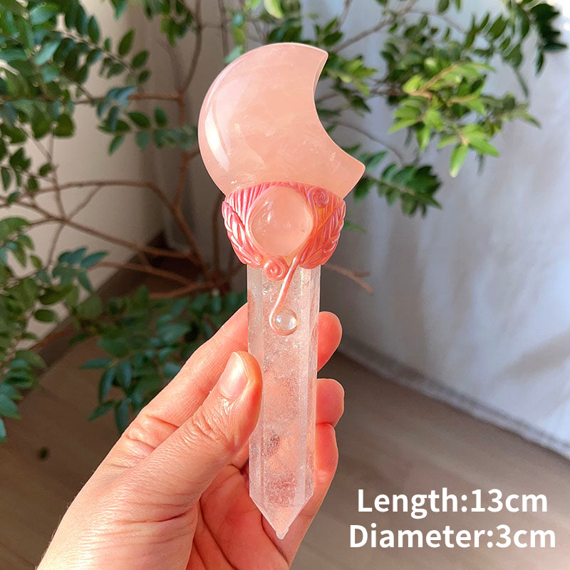 Olivenorma Natural Rose Quartz Magic Wand Ornaments Crystal Wands - Rose Quartz Moon & Clear Quartz Pillar - image 4
