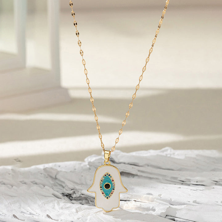 Olivenorma Fatima Cross Zircon Amulet Necklace - Hamsa#White - image 4