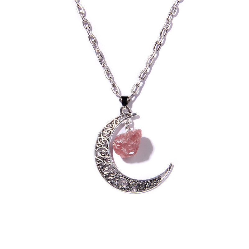 Olivenorma Alloy Moon Natural Stone Pendant Necklace - Strawberry Quartz - image 18
