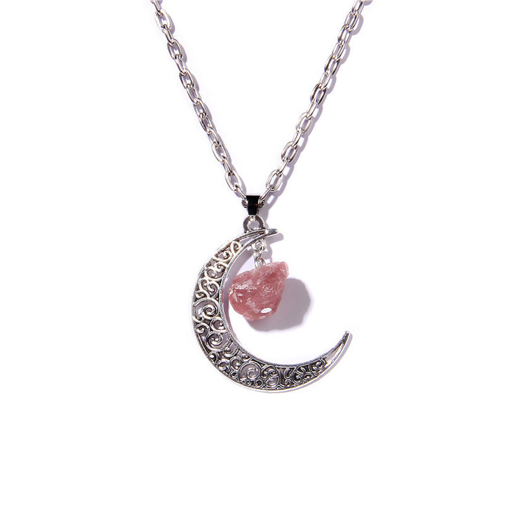 Olivenorma Alloy Moon Natural Stone Pendant Necklace - Strawberry Quartz - image 18