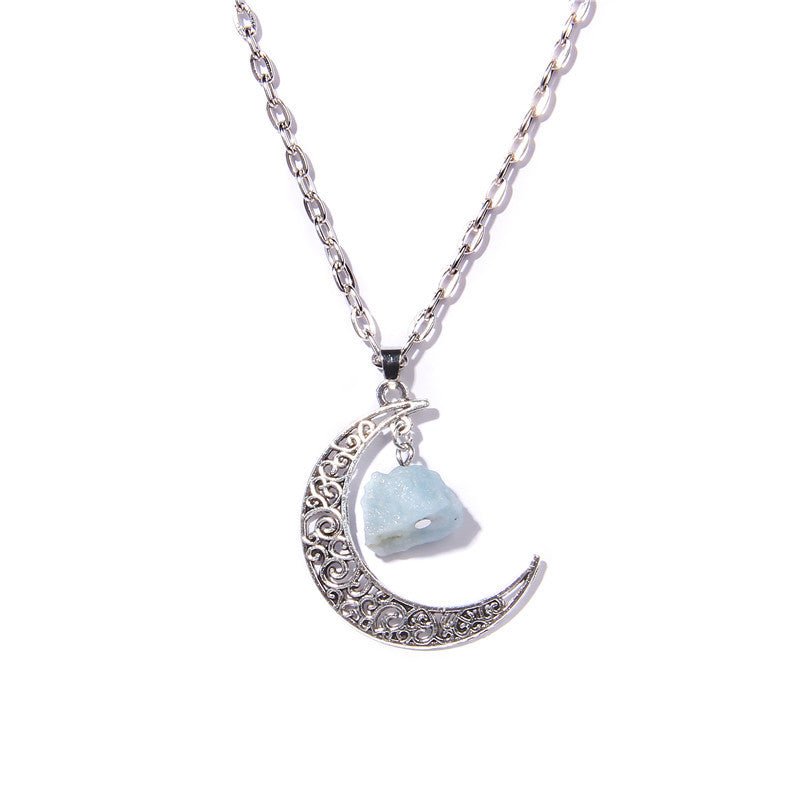 Olivenorma Alloy Moon Natural Stone Pendant Necklace - Aquamarine - image 14