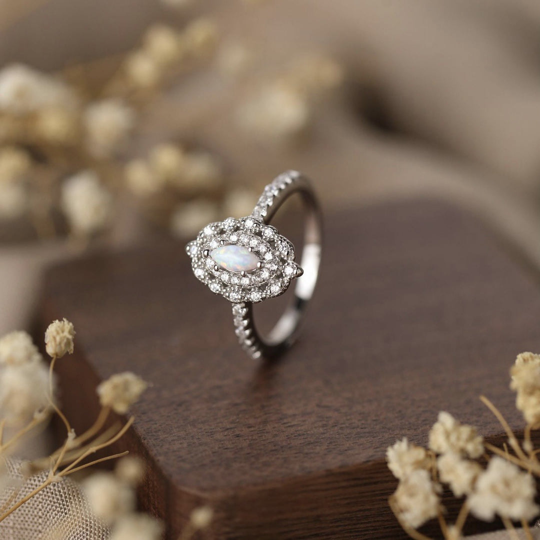 Olivenorma Dainty Opal White Zircon Engraved Design Engagement Ring - image 2