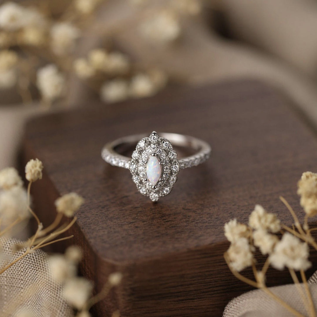 Olivenorma Dainty Opal White Zircon Engraved Design Engagement Ring - 11 - image 0