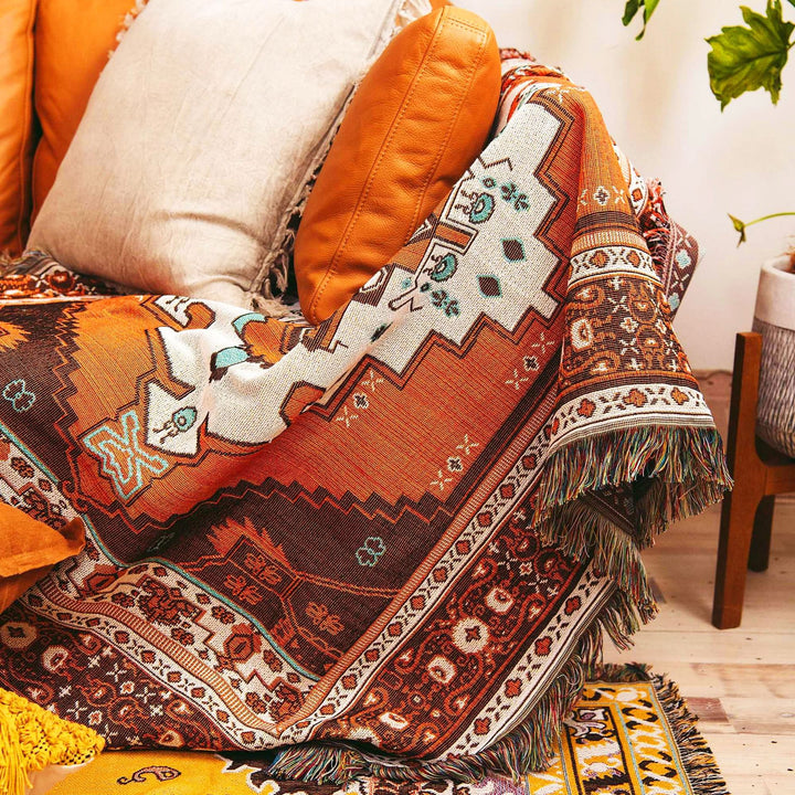 Olivenorma Bohemian Geometric Flowers Fringe Tassels Woven Blanket - Brown Orange - image 0