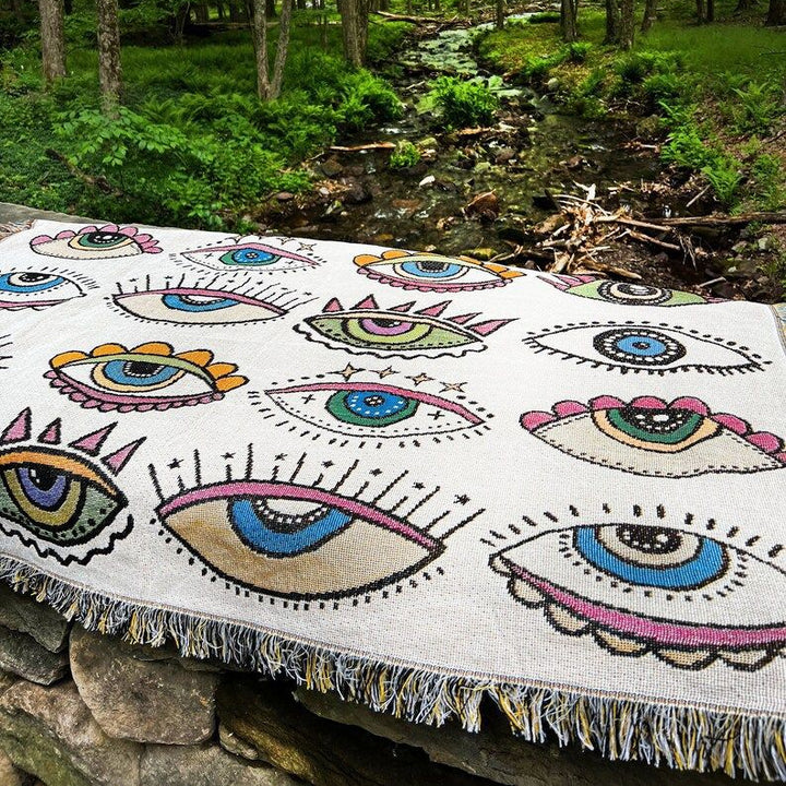 Olivenorma Blue White Evil Eye Indian Style Tassels Woven Blanket - Blue White Evil Eye - image 0