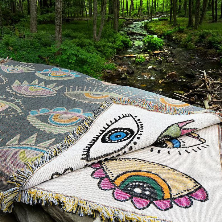 Olivenorma Blue White Evil Eye Indian Style Tassels Woven Blanket - image 1