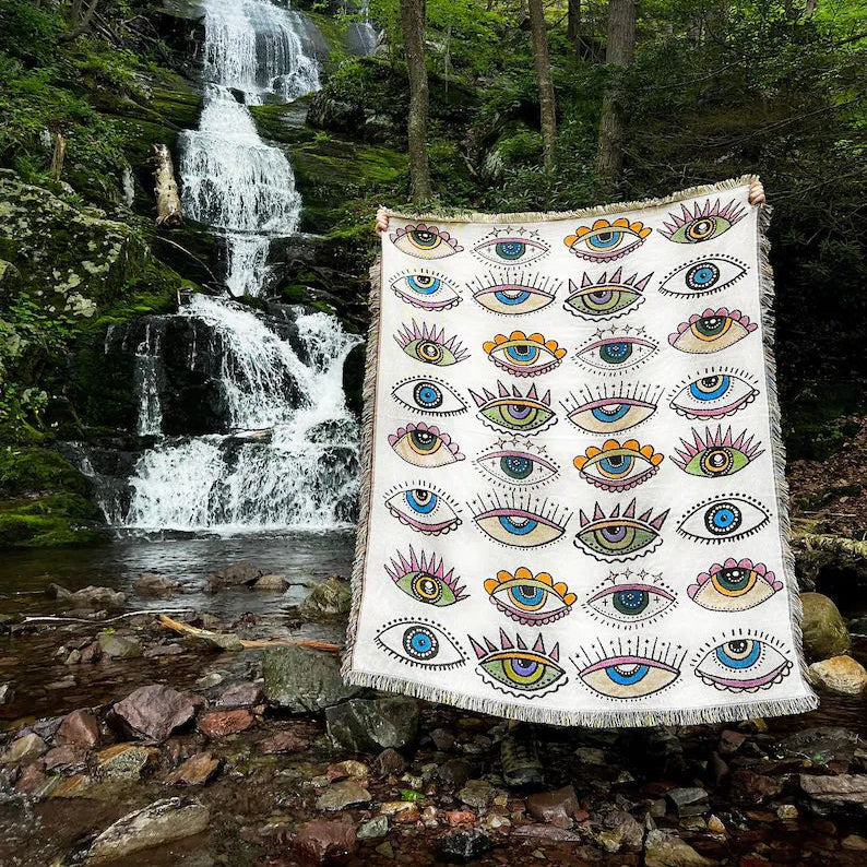 Olivenorma Blue White Evil Eye Indian Style Tassels Woven Blanket - image 3