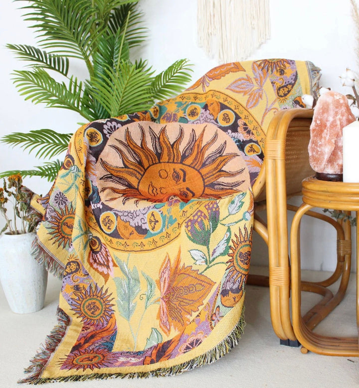 Olivenorma Golden Sun Mood Face Yellow Bohemian Tapestry Blanket  - image 11