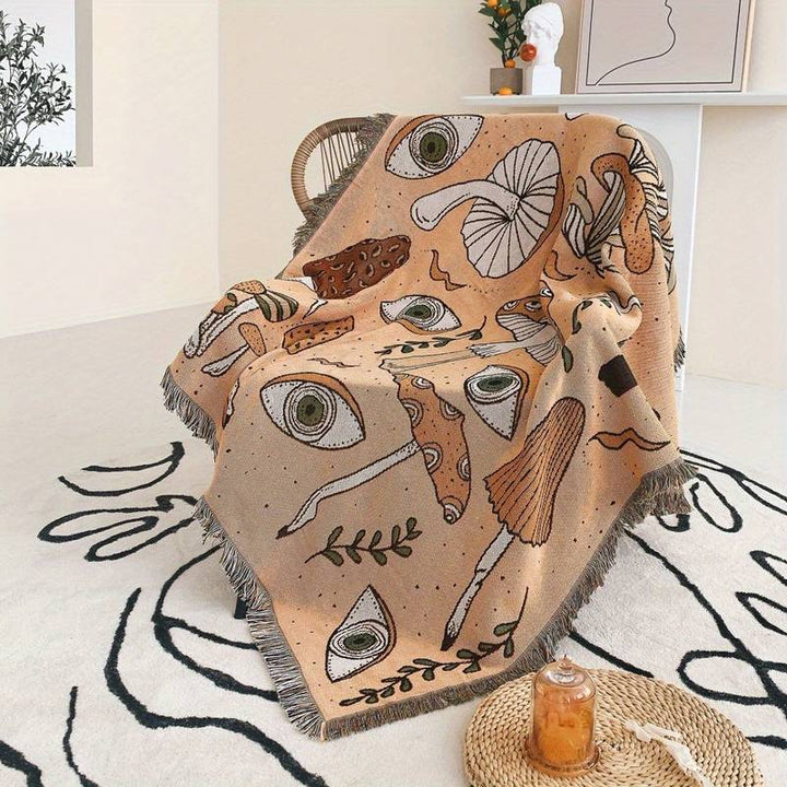 Olivenorma Bohemian Knitted Ethnic Print Tassel Blanket - Khaki Apricot Mushroom Eyes - image 0