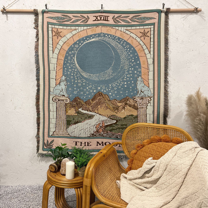 Olivenorma Tarot Card "THE MOON" Print Tassels Woven Blanket - Blue Pink Tarot Card "THE MOON" - image 0