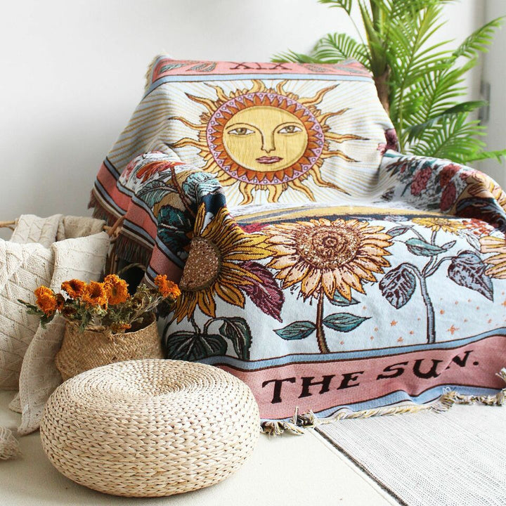 Olivenorma Tarot Card "THE SUN" Print Tassels Woven Blanket - Blue Pink Tarot Card "THE SUN" - image 0