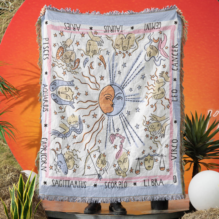 Olivenorma Blue White Zodiac Indian Style Tassels Woven Blanket - Blue White Zodiac - image 0