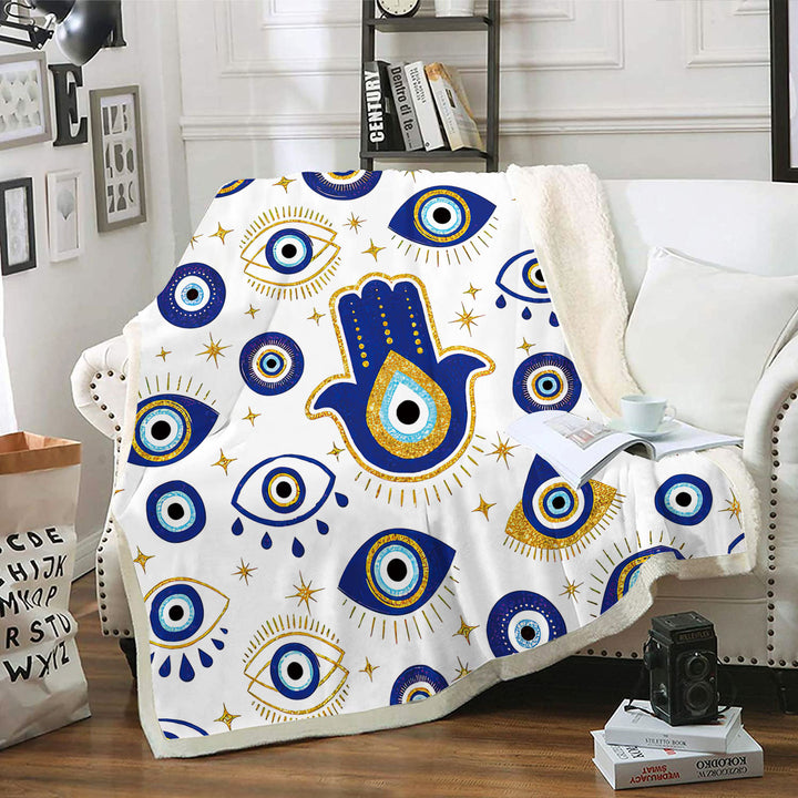 Olivenorma White Blue Evil Eye Hamsa Flannel Woven Blanket - 180*220cm - image 0