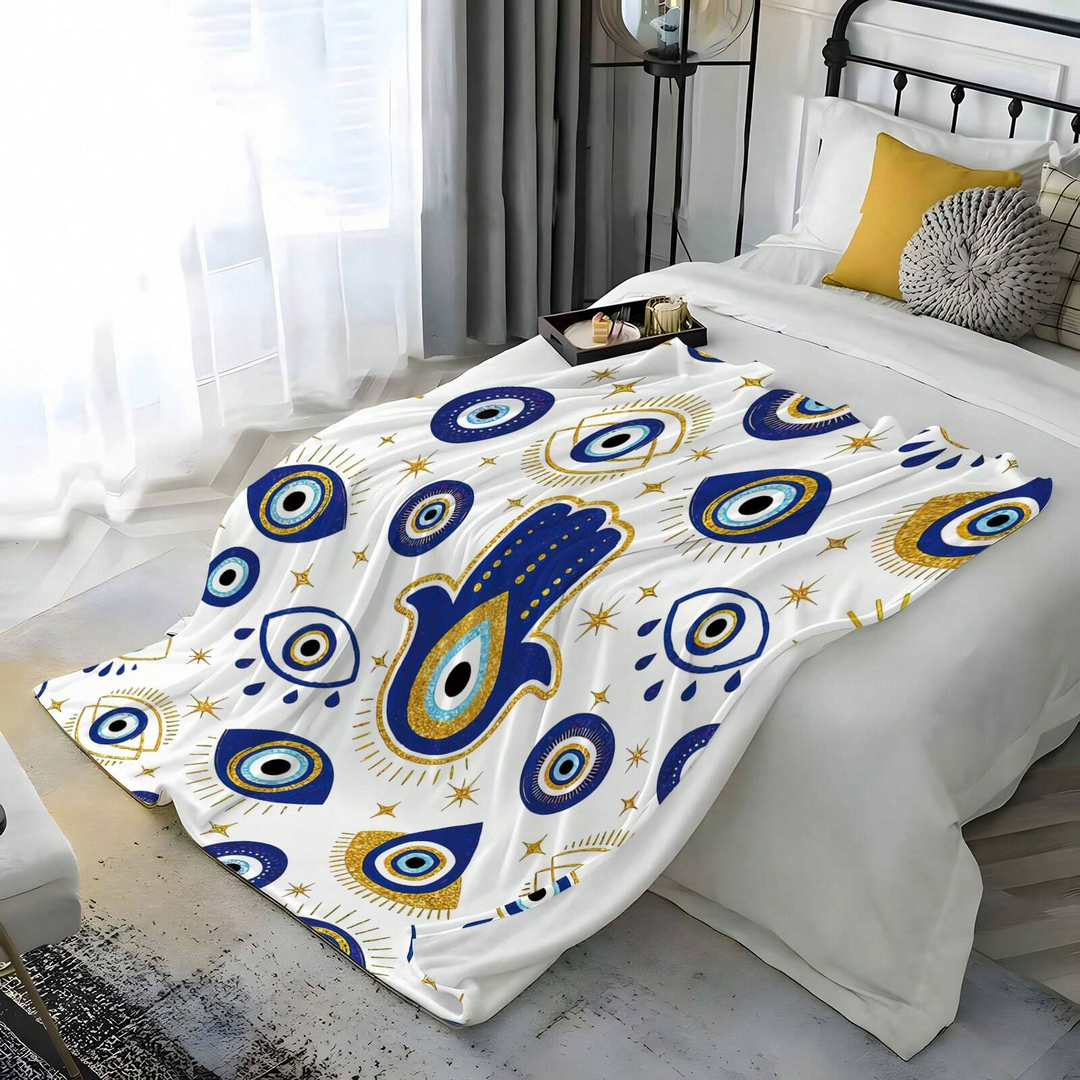 Olivenorma White Blue Evil Eye Hamsa Flannel Woven Blanket - image 3