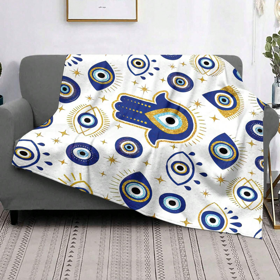 Olivenorma White Blue Evil Eye Hamsa Flannel Woven Blanket - image 4