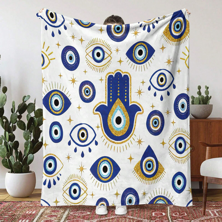 Olivenorma White Blue Evil Eye Hamsa Flannel Woven Blanket - image 5