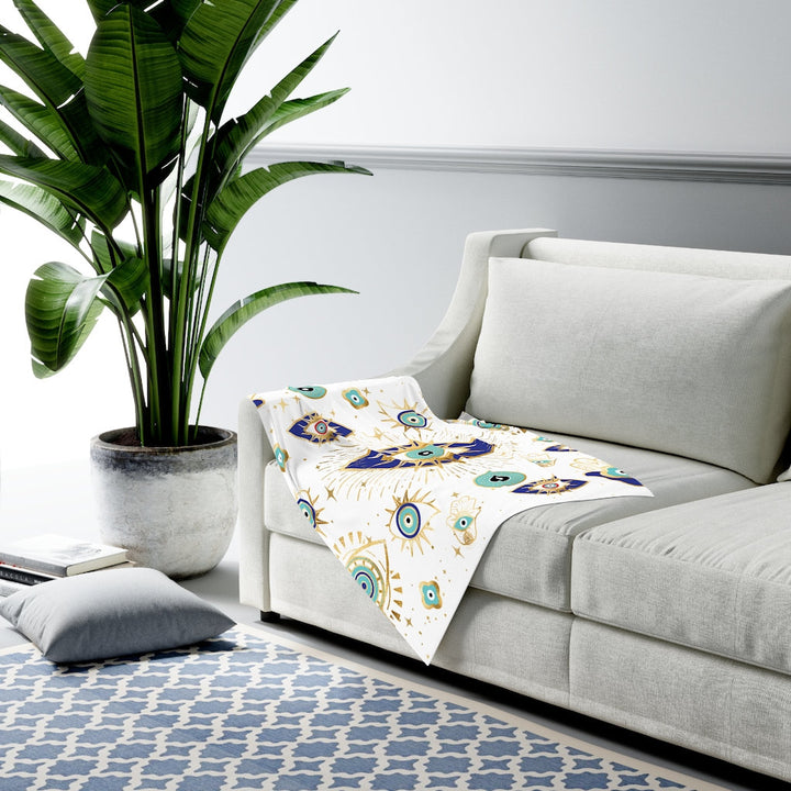 Olivenorma White Green Evil Eye Hamsa Flannel Woven Blanket - image 4