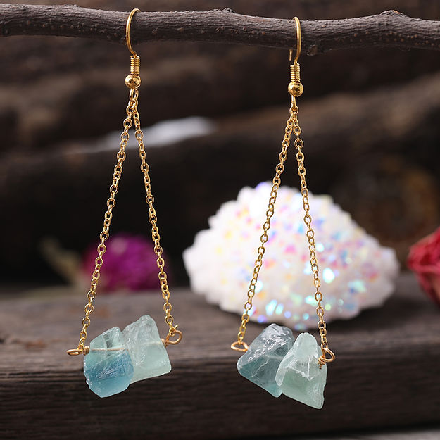 Olivenorma Natural Quartz Gravel Gold Chain Dangle Earrings - Fluorite - image 3