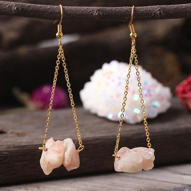 Olivenorma Natural Quartz Gravel Gold Chain Dangle Earrings - image 14