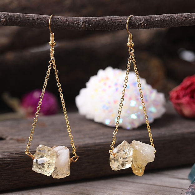 Olivenorma Natural Quartz Gravel Gold Chain Dangle Earrings - Citrine - image 0