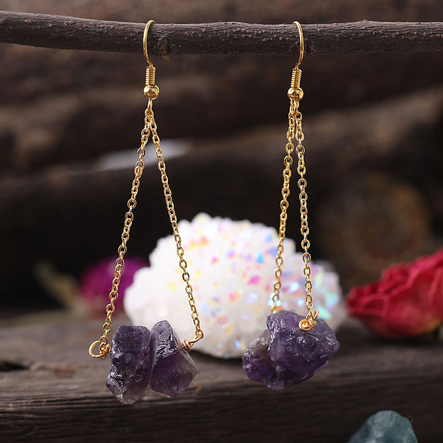 Olivenorma Natural Quartz Gravel Gold Chain Dangle Earrings - Amethyst - image 6